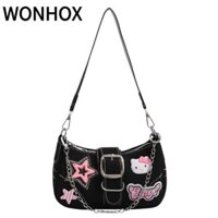 Túi đeo vai dây chuyền WONHOX, Túi đeo nách hình ngôi sao màu tương phản Hello Kitty, Túi xách nữ dung tích lớn Denim sáng tạo dành cho nữ bé gái