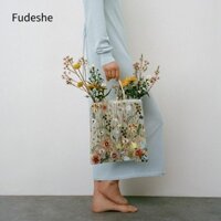 Túi đeo vai FUIDESHE, Túi xách ren thêu hoa trà dung tích lớn, Túi mua sắm nữ phong cách dân tộc sang trọng lãng mạn