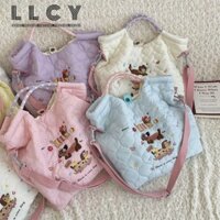 Túi đeo vai LLCY, Túi Tote phong cách Hàn Quốc màu kem, Túi xách Cotton thêu thời trang