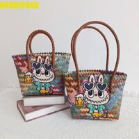 Túi đeo vai NOVASPARK Labubububu, Giỏ dệt nho hoạt hình nhẹ dung tích lớn, Túi đựng đầy đủ màu sắc họa tiết thêu chữ thập Anime Túi xách trẻ em