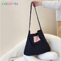 Túi đeo vai nữ HOBBYIN, Túi Tote vải nhung chấm bi, Túi xách dung tích lớn màu đen thời trang