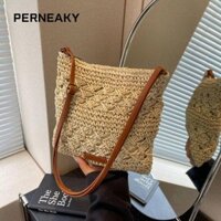 Túi đeo vai PERNEAKY, Túi cói công suất lớn thủ công, Túi xách ống hút dệt thời trang dành cho nữ