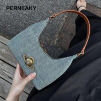 Túi đeo vai PERNEAKY, Túi đeo nách lang thang nhẹ, Túi đeo chéo nữ nhỏ có khóa kéo Denim thời trang dành cho nữ