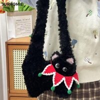 Túi đeo vai sang trọng JURHOMIE, Túi xách nữ lông tơ màu đen hoạt hình, Túi đeo chéo len Kawaii dễ thương dành cho nữ