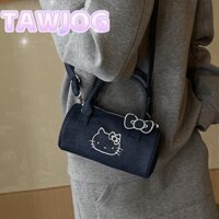 Túi đeo vai TAWJOG, Túi xách hình trụ Denim, Túi đeo chéo Hello Kitty có thể điều chỉnh dễ thương
