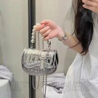 Túi đeo vai - Túi xách hạt dây chuyền ngọc trai - Túi đeo chéo Mini màu bạc - Túi xách nữ - Y2k, Thời trang, INS Hàn Quốc, Da PU