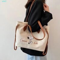 Túi đeo vai VINT Snoopy, Túi xách vải Canvas hoạt hình phong cách Hàn Quốc, Túi Tote đơn giản Kawaii Túi sức chứa lớn hàng ngày