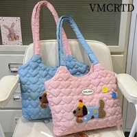 Túi đeo vai VMCRTD, Túi xách thêu màu kem dung tích lớn, Túi xô Polyester phong cách Hàn Quốc