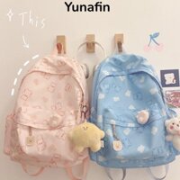 Túi đi học YUNAFIN, Ba lô đi học dung tích lớn bằng vải Canvas, Túi du lịch dễ thương họa tiết gấu di động