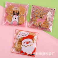 Túi đóng gói tự dính quà tặng tuần lộc hồng Santa Claus, kẹo tuyết, bánh quy giòn, 100 miếng