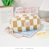 Túi Đựng Bút Bằng Vải Canvas Hai Ngăn Sức Chứa Lớn In Họa Tiết Caro Dễ Thương Phong Cách Nhật Bản Cho Nữ