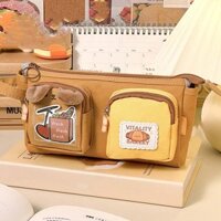 Túi đựng bút vải hoạt hình DALTON, Túi đựng bút chì hình gấu dễ thương dung tích lớn, Túi đựng mỹ phẩm Túi đựng văn phòng phẩm màu vàng nâu di động cho trẻ em