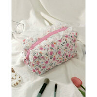 Túi đựng đồ makeup vải chần bông phối viền ren nhún