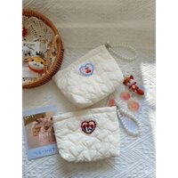 Túi đựng tiền xu thêu kẻ sọc tối giản, nhãn dán hoạt hình dễ thương, túi đựng băng vệ sinh, túi son môi mini, túi trang điểm dây chuyền hạt