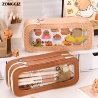 Túi đựng văn phòng phẩm ZONGGJZ, Túi đựng bút Capybara dung tích lớn hoạt hình, Hộp đựng bút chì chống bụi bẩn 2 lớp bằng da di động dành cho học sinh