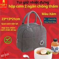 Túi giữ nhiệt đựng hộp cơm 2 ngăn cao cấp - Túi giữ nhiệt đựng cặp lồng cơm chống thấm nước chính hãng D Danido - Xám