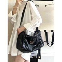 Túi gối Grotto, túi mũi tên, túi da thật màu đen không phân biệt giới tính, túi đeo chéo vai mềm mại dung tích lớn