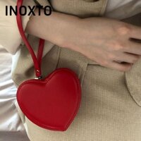 Túi hình trái tim INOXTO, Túi đeo tay màu đỏ đen có dây kéo, Ví nữ da PU thời trang cho bé gái