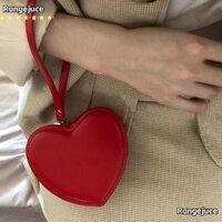 Túi hình trái tim RANGEJUCE, Túi đeo tay bằng da PU có dây kéo, Ví nữ màu đỏ đen thời trang dành cho bé gái