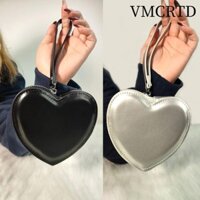 Túi hình trái tim VMCRTD, Túi đeo tay màu đỏ đen có dây kéo, Túi xách nữ da PU Kawaii cho bé gái