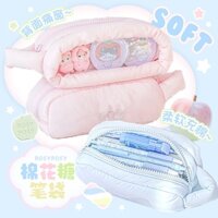 Túi / Hộp đựng bút ROSYPOSY - Sweet Apple vải phao chần bông mềm mịn, có ngăn trong suốt PVC, tone màu pastel ngọt ngào