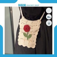 Túi len đựng điện thoại, túi đeo chéo handmade móc thủ công đính cành hồng, chậu xương rồng siêu kute có khóa cài