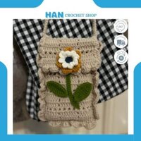 Túi len đựng điện thoại, túi đeo chéo handmade móc thủ công đính hoa cúc dễ thương, đẹp nhức nhối, siêu kute có khóa cài