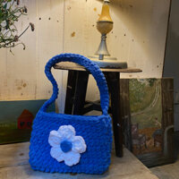 Túi len handmade ĐEO VAI MÀU XANH NƯỚC BIỂN hoa bông to gắn túi xinh xắn