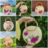 túi lục bình trống quai mây đính hoa thê - kho sỉ túi cói, lục bình - túi xách tay nữ thêu hoa ruy băng đi chơi, đi tiệc