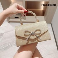 Túi ly hợp HULEQI, Túi dạ hội nơ kim cương giả lấp lánh, Túi dây chuyền nơ bạc màu vàng thời trang cho bữa tiệc cưới