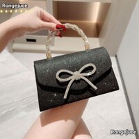 Túi ly hợp RANGEJUCE, Túi dạ hội lấp lánh nơ kim cương giả, Túi đeo vai bạc màu vàng thanh lịch dành cho nữ