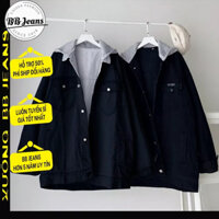 [túi + mũ] Áo khoác jean nữ đen mũ nỉ xám túi hộp - áo jean xanh nữ túi zip mũ nỉ xám form rộng BB Jeans size 40-75kg