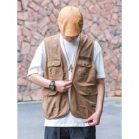 Túi Ngoài Trời Nâu Denim Phong Cách Nhật Bản Dụng Cụ Áo Vest Nam Chiến Thuật Áo Vest Áo Khoác Nam Mỏng Phong Cách Hợp Thời Trang 1.13T