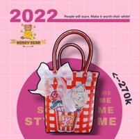TÚI NHỰA ĐAN GẮN STICKER KEM CÀ REM LẤP LÁNH CÓ NƠ - TÚI ĐI CHƠI - TÚI SIZE LỚN - SP000905