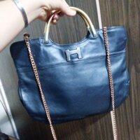 Túi quai xách da thật màu xanh quai kim loại có chữ H, si Nhật size 36x25, vua A4 laptop rất soanh chảnh.