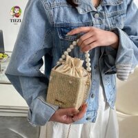 Túi Rơm TIEZI, Túi Xô Dây Rút Hàn Quốc Thiết Kế Mới, Ins Mini Dây Xích Vuông Túi Đeo Vai Nữ Cho Nữ