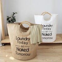 Túi sọt vải bố dầy cỡ lớn có quai xách gỗ sang trọng đựng đồ giặt, quần áo bẩn, giỏ đựng chơi, vật dụng đa năng- Hàng chính hãng - Nâu