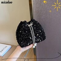 Túi tiệc dạ hội NICOLOO, Túi đeo vai Sequin dây chuyền quà tặng, Túi xô xích