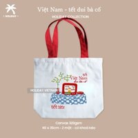 Túi tote canvas 2 mặt màu trắng quai đỏ Tết 2024 | Holiday Vietnam