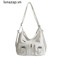 Túi Tote da PU LUNAZAP, Ba lô Y2k màu trơn bỏ túi, Ba lô đeo vai đơn giản Túi đi học nữ sức chứa lớn Du lịch