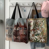 Túi Tote Đeo Vai Vải Canvas Cỡ Lớn In Họa Tiết Thổ Cẩm Dễ Thương