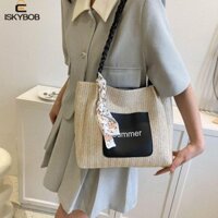 Túi Tote dệt bằng rơm ISKYBO, Túi đeo vai đi biển đa chức năng màu trơn, Túi xô ngọt ngào Balletcore Ribbon Túi xách nữ sinh viên