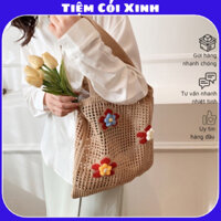 Túi tote lưới sợi len móc hoa đi biển phong cách Hàn Quốc