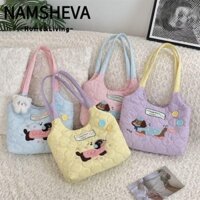 Túi Tote NAMSHEVA, Túi Đeo Vai Thêu Màu Kem, Túi Xách Cotton Puppy Dung Tích Lớn