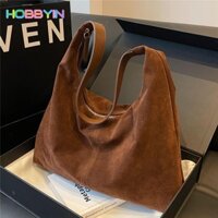 Túi Tote Slouchy HOBBYIN, Túi Da Lộn Dây Kéo Màu Nâu Cho Nữ, Túi Nách Dung Tích Lớn