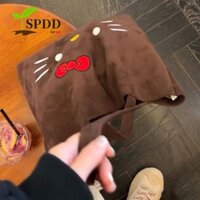 Túi Tote SPDD Kitty, Túi Đeo Vai Da Lộn KT Dung Tích Lớn Phong Cách Nhật Bản, Túi Bảo Quản Polyester Xanh Nâu Hoạt Hình Túi Xách Mèo Trường Học