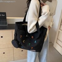 Túi Tote Thêu Chữ VINTAGEVAULT, Túi Đeo Vai Vải Phong Cách Hàn Quốc Màu Trơn, Dây Kéo In Hình Retro Dung Tích Lớn Túi Xách Nữ Sinh Viên