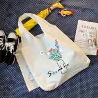 Túi tote vải bố đựng đồ canvas in hình bình hoa phong cách Hàn Quốc