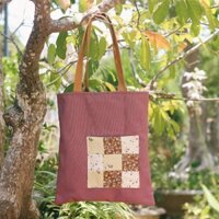 Túi tote vải canvas dày dặn tone nâu đất phối vải ghép nơ xinh Hoa Hoè (Handmade 100%)