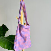 Túi tote vải canvas họa tiết sọc caro màu tím / túi xách đeo vai 2 lớp có khóa kéo